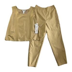 NWT Diane Gilman 100% Silk Metallic Gold 2pc Set Tank Top Pants Womens M